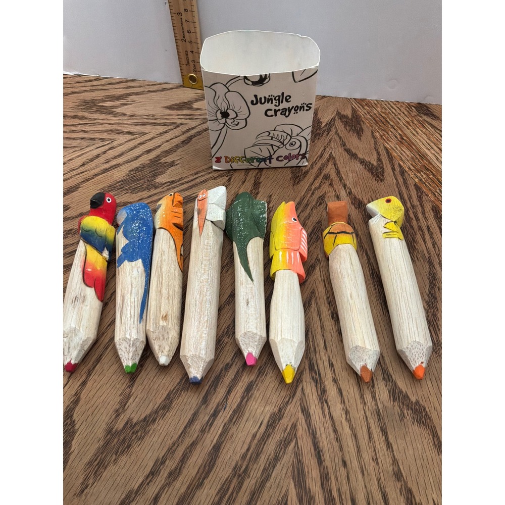 Boho‎ Kids Jungle Crayons Hand Carved Balsa Wood Animal Set 8pc Multicolor